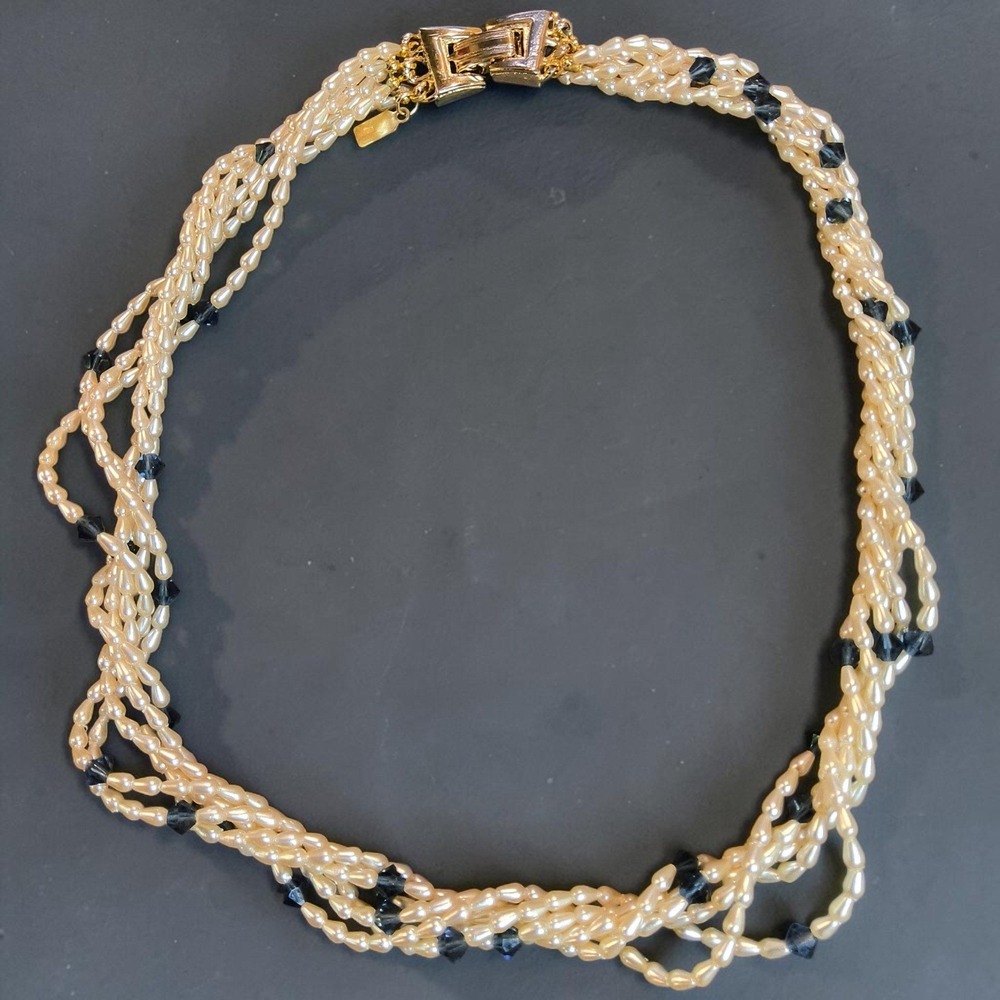 Vintage Essex Canada 6-Strand Faux Pearl & Indigo‎ Crystal Necklace
